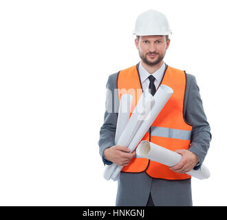 Architekt in orange Weste halten kann zeichnen Pläne Papier. Stockfoto