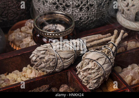 Salvia Apiana (weißer Salbei, Heilige Salbei, Biene Salbei, Kalifornien Salbei) und verschiedene Arten von Weihrauch Weihrauch: Weihrauch, Myrrhe, Palo Santo, Gowe. Stockfoto