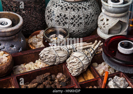 Salvia Apiana (weißer Salbei, Heilige Salbei, Biene Salbei, Kalifornien Salbei) und verschiedene Arten von Weihrauch Weihrauch: Weihrauch, Myrrhe, Palo Santo, Gowe Stockfoto
