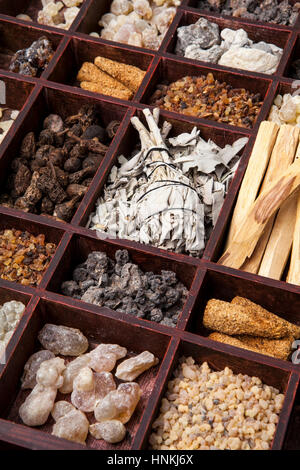 Salvia Apiana (weißer Salbei, Heilige Salbei, Biene Salbei, Kalifornien Salbei) und verschiedene Arten von Weihrauch Weihrauch: Weihrauch, Myrrhe, Palo Santo, Gowe Stockfoto