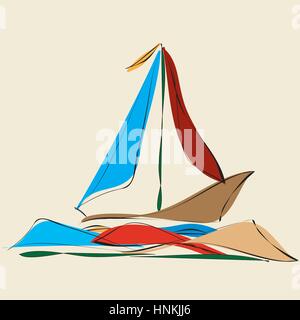 Segelboot und Reflexe in den Wellen des Meeres Stock Vektor