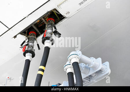 Tank-Düse am Flügel, Betankung, Thai Airways, Boeing, Boeing 747, Flughafen München, Oberbayern, Deutschland Stockfoto