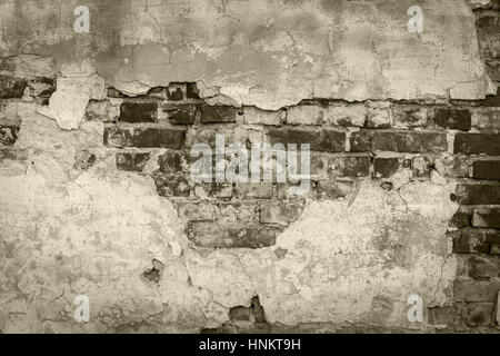 Ziegelmauer hautnah. Alte beschädigte Ziegelwand mit enger up.stone Zement, Backstein, Textur, Putz, Wand, Hintergrund, alte, abstrakt, Stein, Beton, wea Stockfoto