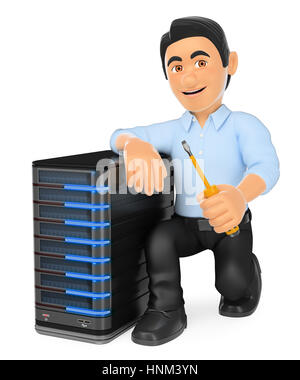 Abbildung 3D Working People. IT-Techniker mit einem Server. Isolierter weißer Hintergrund. Stockfoto