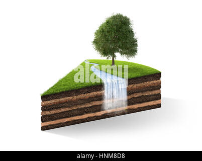 3D Abbildung des Querschnitts des Bodens mit Grass isoliert auf weiss. 3D-Rendering Stockfoto