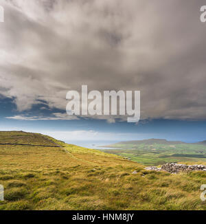 Blick über die Berge, Moor und Heide der westlichen Halbinsel Dingle aus den Wanderweg auf der Oberseite Reenconnell, County Kerry, Irland Stockfoto