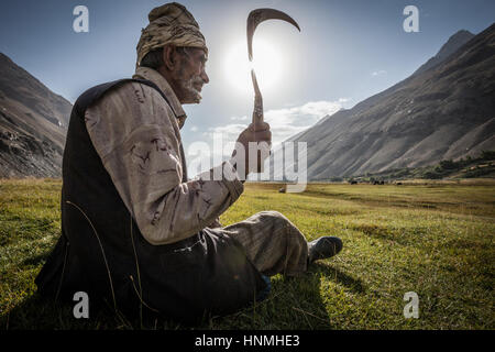 Afghanistan, Wakhan-Korridor, ein Alter Mann sitzt auf einer grünen Wiese mit Sichel im Weizenfeld, sonnigen Tag, Hintergrundbeleuchtung. Stockfoto