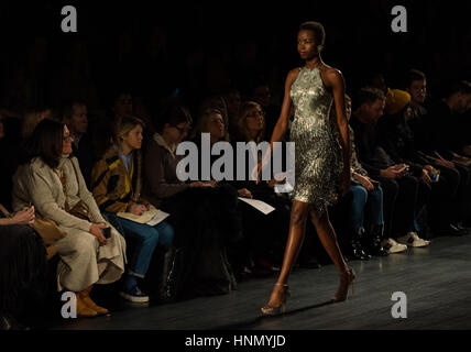 New York, USA. 14. Februar 2017. Ein Modell stellt eine Kreation von Badgley Mischka während der 2017 New York Fashion Week in New York City in den Vereinigten Staaten am 14. Februar 2017. Bildnachweis: Li Rui/Xinhua/Alamy Live-Nachrichten Stockfoto