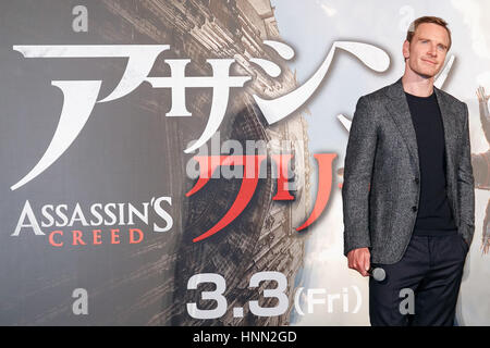 Tokio, Japan. 15. Februar 2017. Deutsch-Irische Schauspieler Michael Fassbender besucht ein spezielles screening für Assassins Creed am 15. Februar 2017, Tokio, Japan. Fassbender produzierte auch den Film basiert auf einem preisgekrönten Tätigkeitabenteuer Videospiel-Reihe. Der Film trifft japanischen Kinos am 3. März. Credit: Rodrigo Reyes Marin/AFLO/Alamy Live News Stockfoto