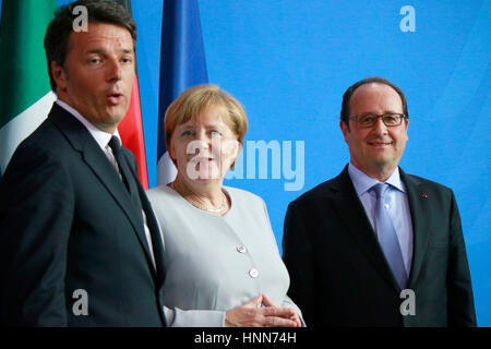 BKin Angela Merkel, Matteo Renzi, Francois Hollande - Treffen der dt. Bundeskanzlerin Mit Dem Italienischen Ministerpraesidenten Und Dem franzoesisch Stockfoto