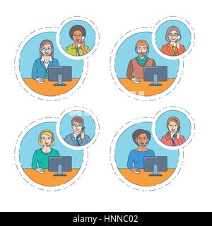 Call Center Agenten-Team mit Kunden am Telefon zu sprechen. Flache dünne Linie Vektor Banner. Kunden-Betreuung-Betreiber. Online-technischer Kundendienst Stock Vektor