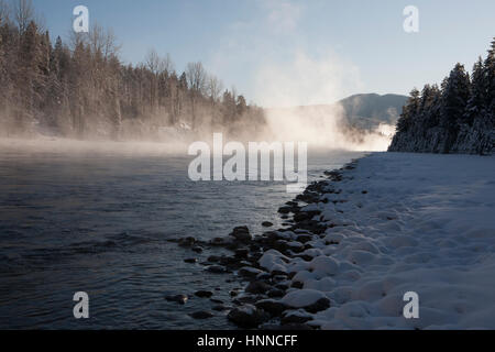 Wolken von Dampf Aufstieg aus der South Fork des Flathead River in sub-zero-Wetter, hungrige Pferd, Mt. Stockfoto