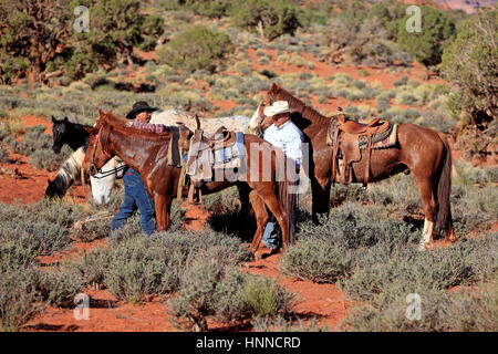 Navajo-Cowboy, Mustang, (Equus Caballus), Monument Valley, Utah, USA, Nordamerika, Cowboy und Mustang Stockfoto