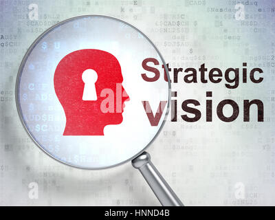 Finanzen-Konzept: Kopf mit Schlüsselloch und strategische Vision mit optischen Gläsern Stockfoto