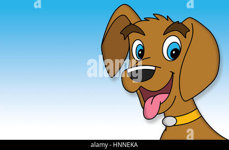 Illustration von niedlichen Hündchen auf blauem Hintergrund.  Hund ist braun mit hellblauen Augen. Stockfoto