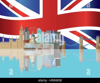 Skyline von London mit britischen Union Jack Flag Hintergrund Illustration Stock Vektor