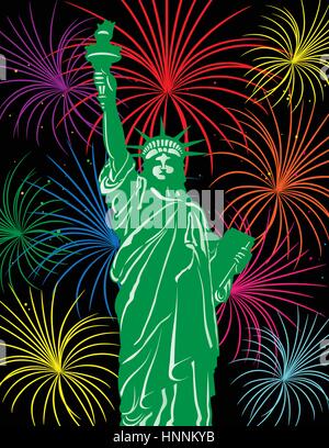 Statue of Liberty auf Staten Island in New York City mit Feuerwerk Hintergrund Illustration Stock Vektor