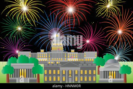 Washington DC USA Capitol Baudenkmal Jefferson und Lincoln Memorial mit Feuerwerk-Illustration Stock Vektor