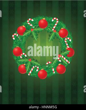 Adventskranz mit Tree Ornaments Zuckerstange und Holly Blatt Beeren auf Schneeflocken Hintergrund Illustration Stock Vektor