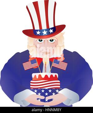 Uncle Sam mit Fourth Of July Geburtstagstorte für Independence Day Feier Illustration, Isolated on White Background Stock Vektor