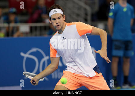 Sofia, Bulgarien - 9. Februar 2017: Dominic Thiem (Bild) aus Österreich spielt gegen Nikoloz Basilashvili aus Georgien während eines Spiels von Sofia Op Stockfoto