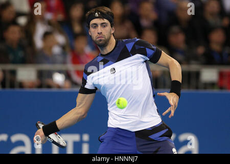 Sofia, Bulgarien - 11. Februar 2017: Nikoloz Basilashvili (im Bild) aus Georgien spielt gegen Grigor Dimitrov aus Bulgarien während eines Spiels von Sofi Stockfoto