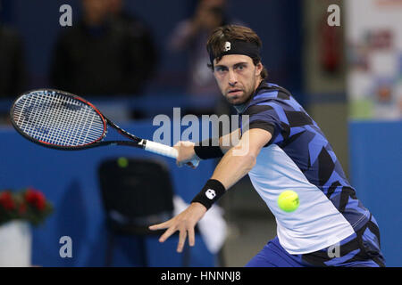 Sofia, Bulgarien - 11. Februar 2017: Nikoloz Basilashvili (im Bild) aus Georgien spielt gegen Grigor Dimitrov aus Bulgarien während eines Spiels von Sofi Stockfoto