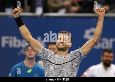 Sofia, Bulgarien - 11. Februar 2017: Grigor Dimitrov (im Bild) aus Bulgarien feiert nach dem Sieg gegen Nikoloz Basilashvili aus Georgien durin Stockfoto