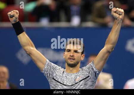 Sofia, Bulgarien - 11. Februar 2017: Grigor Dimitrov (im Bild) aus Bulgarien feiert nach dem Sieg gegen Nikoloz Basilashvili aus Georgien durin Stockfoto