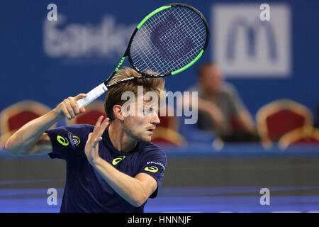 Sofia, Bulgarien - 11. Februar 2017: David Goffin aus Belgien (im Bild) spielt gegen Roberto Bautista Agut aus Spanien während eines Spiels von Sofia Ope Stockfoto