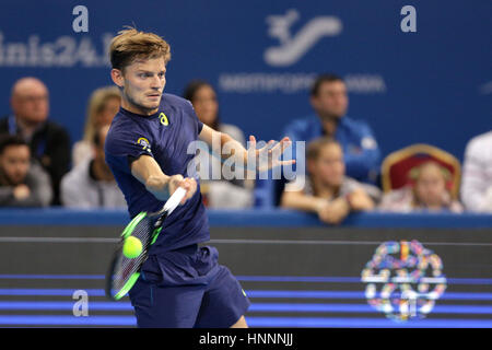 Sofia, Bulgarien - 11. Februar 2017: David Goffin aus Belgien (im Bild) spielt gegen Roberto Bautista Agut aus Spanien während eines Spiels von Sofia Ope Stockfoto