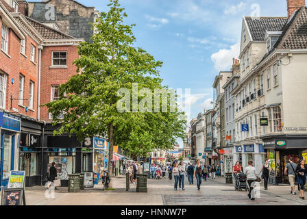 Belebte Einkaufsstraße im Stadtzentrum von Norwich in Norfolk, England, Großbritannien. Stockfoto