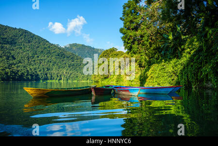 Bunte kleine Boote am Phewa-See in Pokhara, Nepal Stockfoto