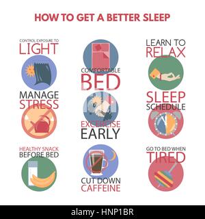 Flache Jugendstil Infografik über besseren Schlaf. Stock Vektor