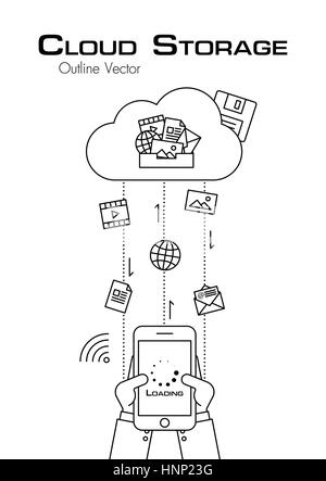 Cloud-Speicher. Person Nutzung Telefon mehr Datei von Cloud-Server herunterladen. Umriss-Stil. flaches Design. Stock Vektor