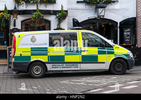 Logo und Namen von South East Coast Ambulance Service NHS Foundation Trust auf der Seite ein Krankenwagen Sanitäter in Brighton geparkt. Stockfoto