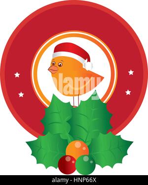 kreisförmige Emblem des Vogels mit Weihnachtsmütze und Holly verlässt Vektor-illustration Stock Vektor