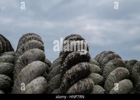 Raue Seil zum Abschleppen große Boote voll von grünen Flechten Flecken. Stockfoto