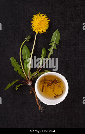 Brühe mit Löwenzahnwurzel. Löwenzahn Blüte, Blättern und Tee von der Wurzel auf schwarzem Stein. Natürliche Heilmittel. Stockfoto