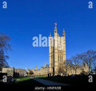 London, England, Vereinigtes Königreich. Häuser des Parlaments (Victoria Tower) von College Green gesehen Stockfoto