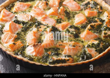 Gesunde herzhafte Quiche mit Lachs und Spinat in Backen Gericht Makro. horizontale Stockfoto