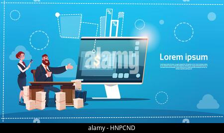 Geschäftsmann Schreibtisch Büro Arbeitsplatz Geschäftsfrau Computerbildschirm sitzen Stock Vektor