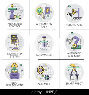 Automatische Roboter Machinery Industrial Automation Industrie Produktion Icon-Set Stock Vektor
