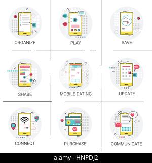 Update neue Apps Freigabe speichern spielen kommunizieren Kauf organisieren, Handy-Smartphone-Icon-Set Stock Vektor