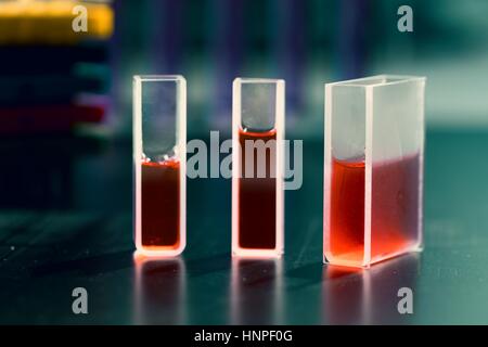 Quarz-Küvetten für Laser-Chromatographie mit roter Flüssigkeit. Physikalische Chemie-Labor Stockfoto