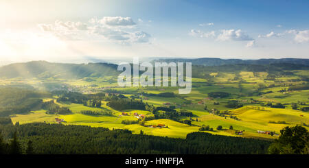 Schönen ländlichen Gegend im schönen Sonnenlicht. Weidelandschaft mit barnyards. Stockfoto