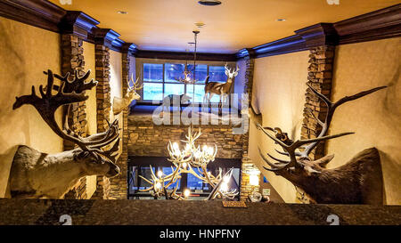 Anzeige der tierischen Köpfen und Geweih Kronleuchter, gesehen aus dem zweiten Stock des Holiday Inn Express Hotel in Boise, ID Stockfoto