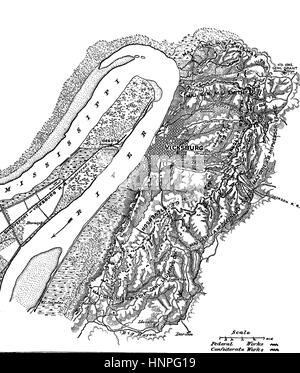 Belagerung von VICKSBURG Mai-Juli 1863 zeitgenössische Karte zeigt die Dispositionen der gegnerischen Armeen mit Ulysses S. Grant HQ oben rechts Stockfoto