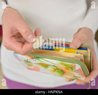 Frau Hände zählen Münzen und ihre Brieftasche Stockfoto