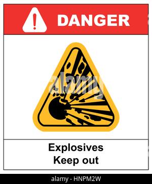 Symbol der Explosion im gelben Dreieck Gefahr informative Banner mit Text Sprengstoff fernzuhalten Stock Vektor